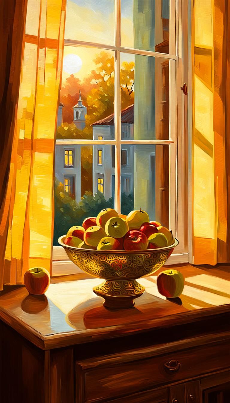 Still Life Oil Painting of Fruit Bowl at Golden Hour