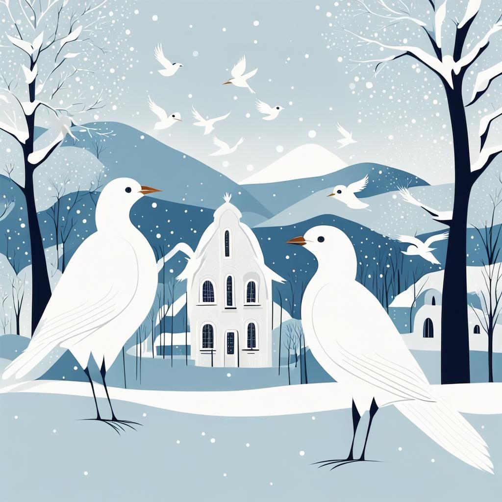 Vintage Illustration of White Birds in Winter