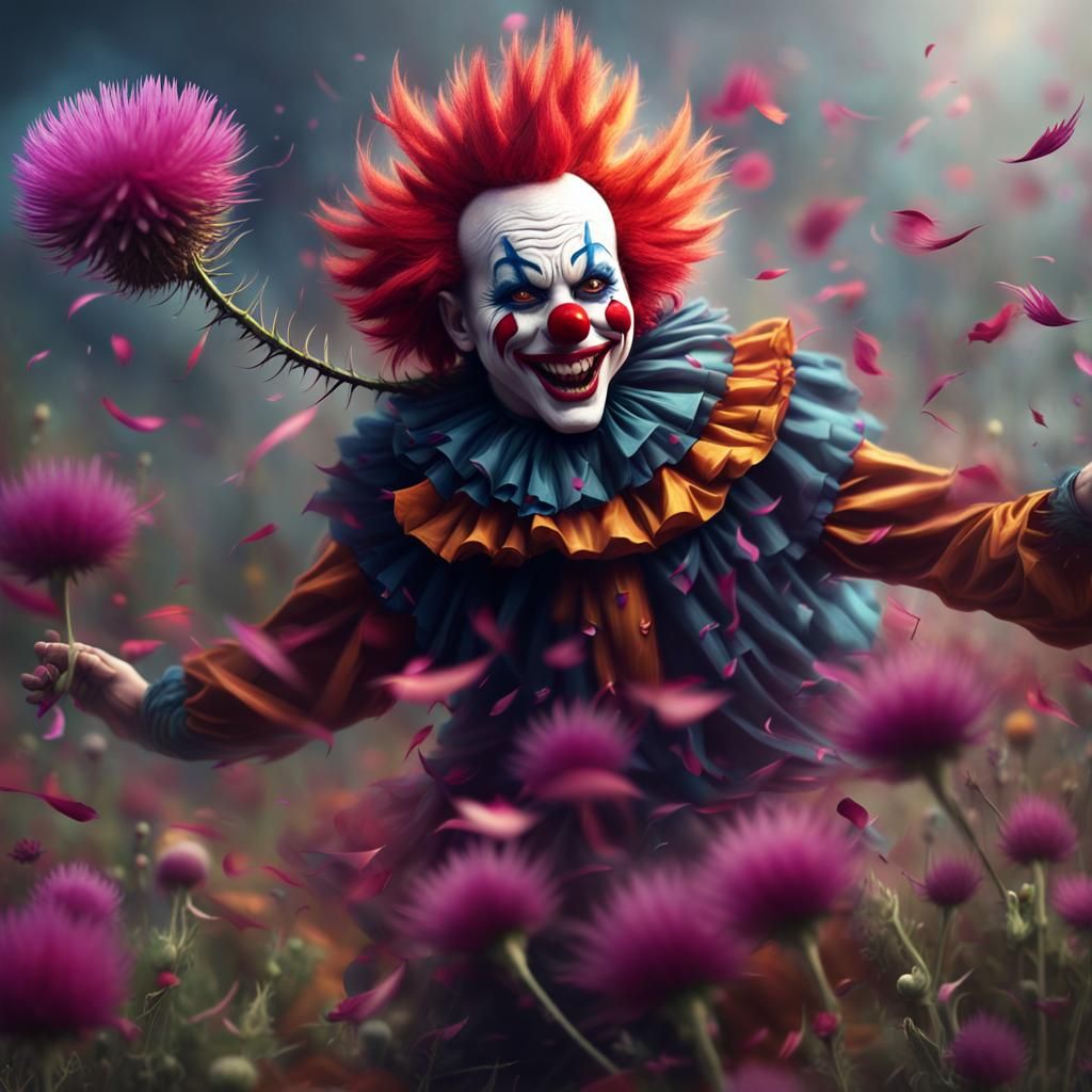Hyperrealistic Scary Clown Dances on Thistle in Petal Tutu