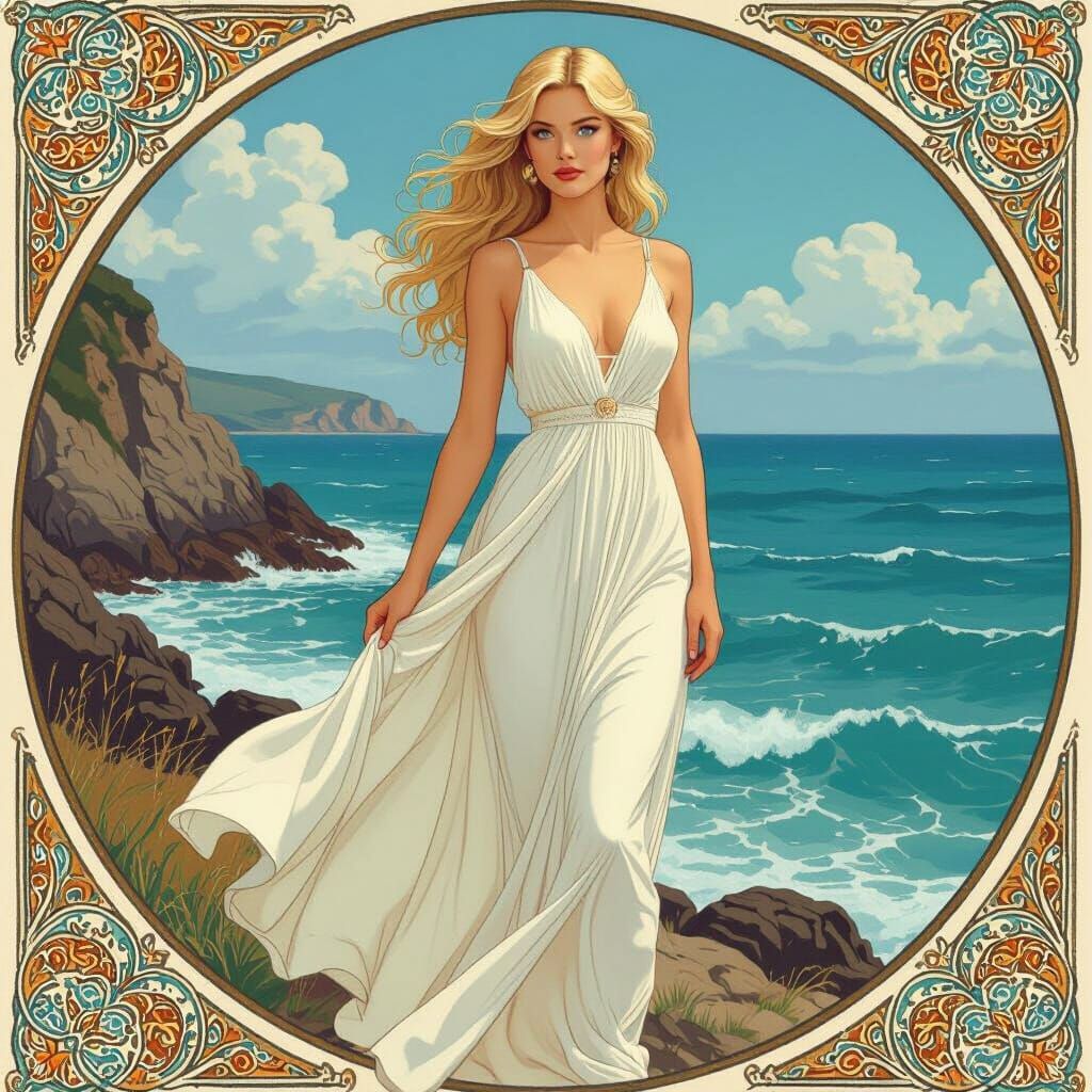 Blonde Woman on Coastline in Art Nouveau Style