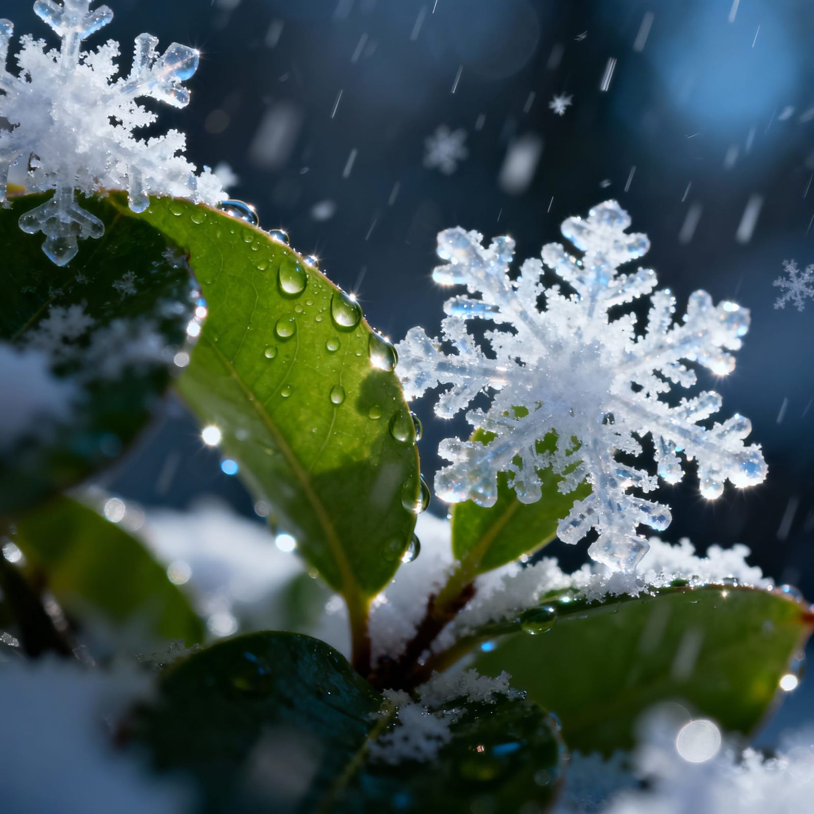Macro Photography: Snowflakes on Wet Leaves