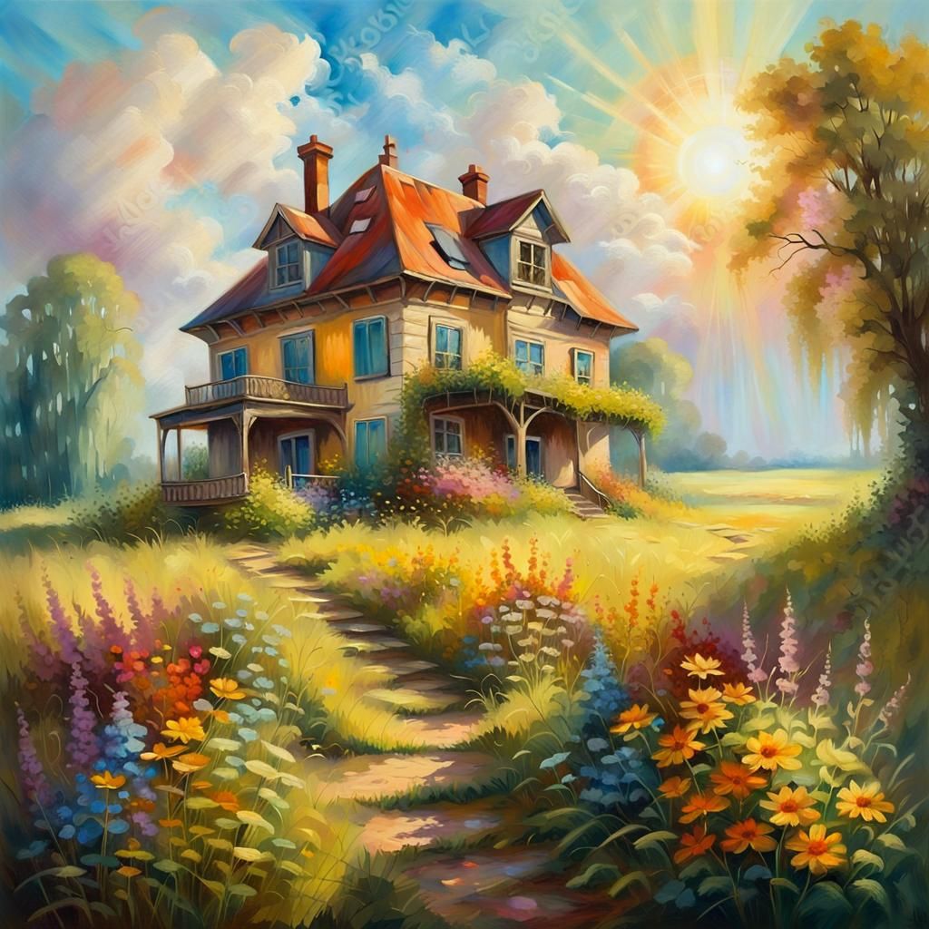 Vintage House in Meadow: Fantasy Oil Painting