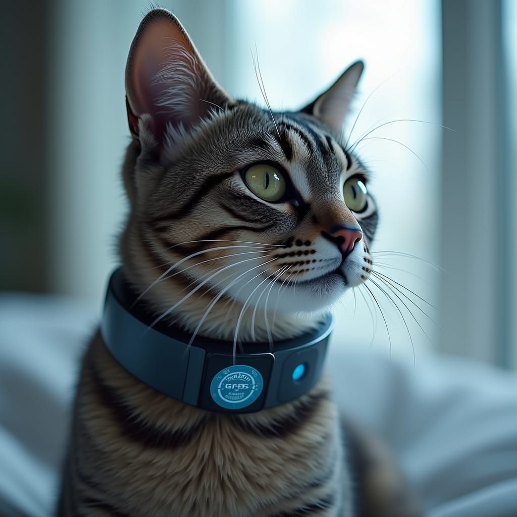 Futuristic Cat Collar with GPS Tracker in Modern Home