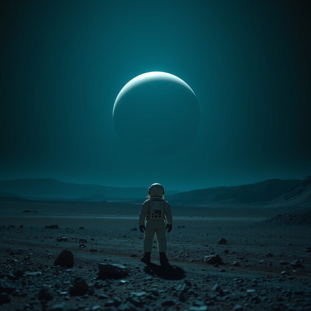 Astronaut on Alien Planet with Ringed Gas Giant