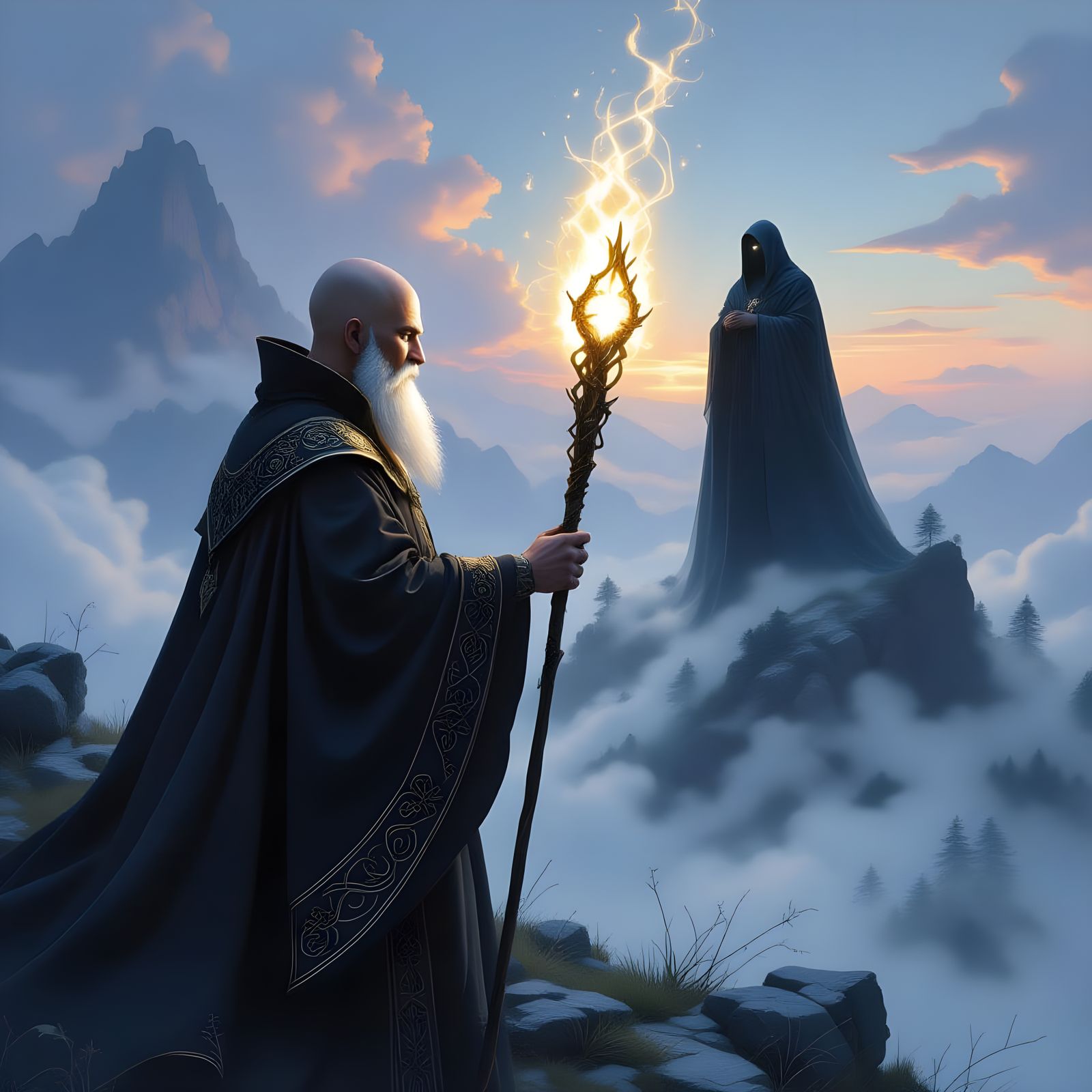 Priest Confronts Dark Entity in Ethereal Fantasy Style