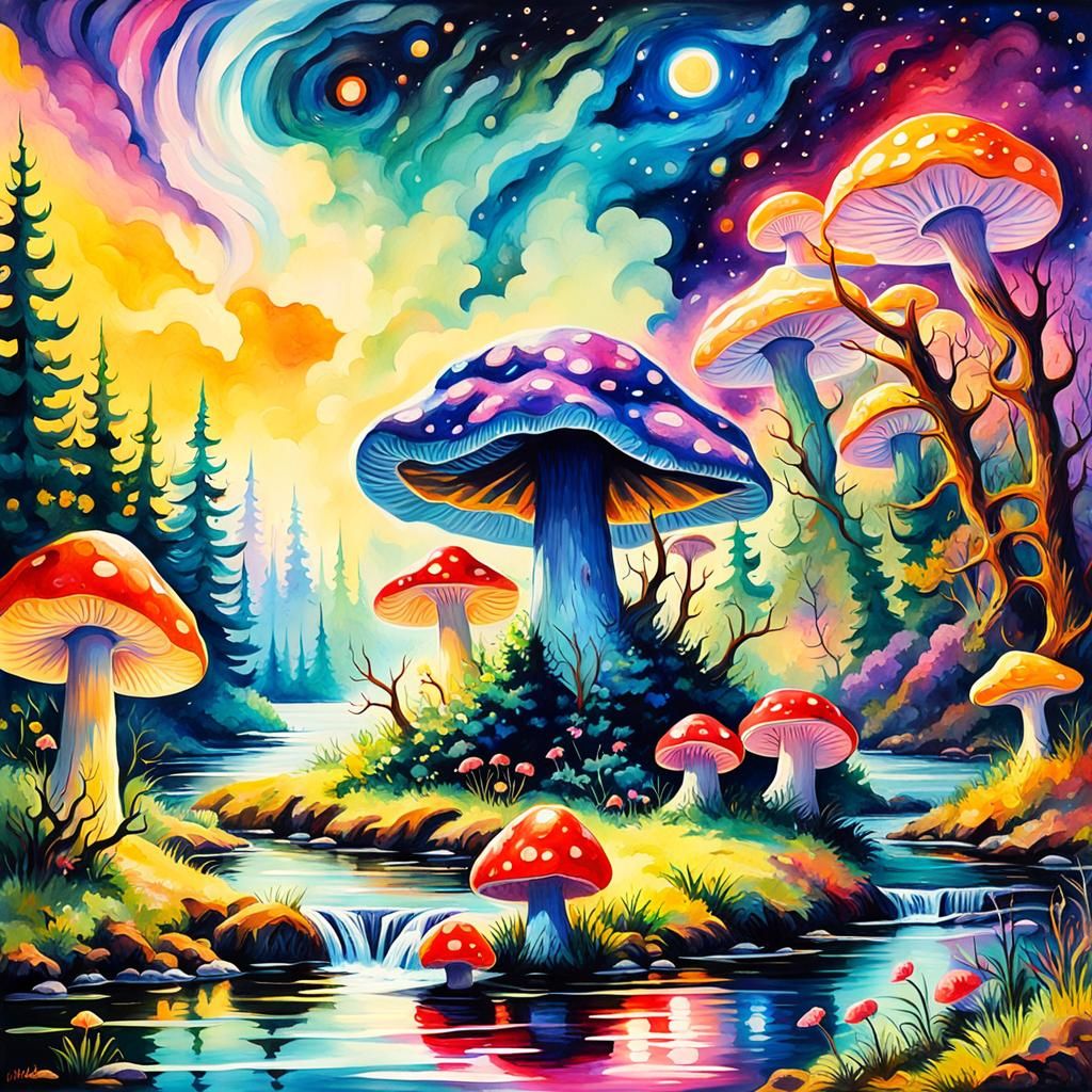 Ethereal Cosmic Mushrooms in Impressionist Gouache Style