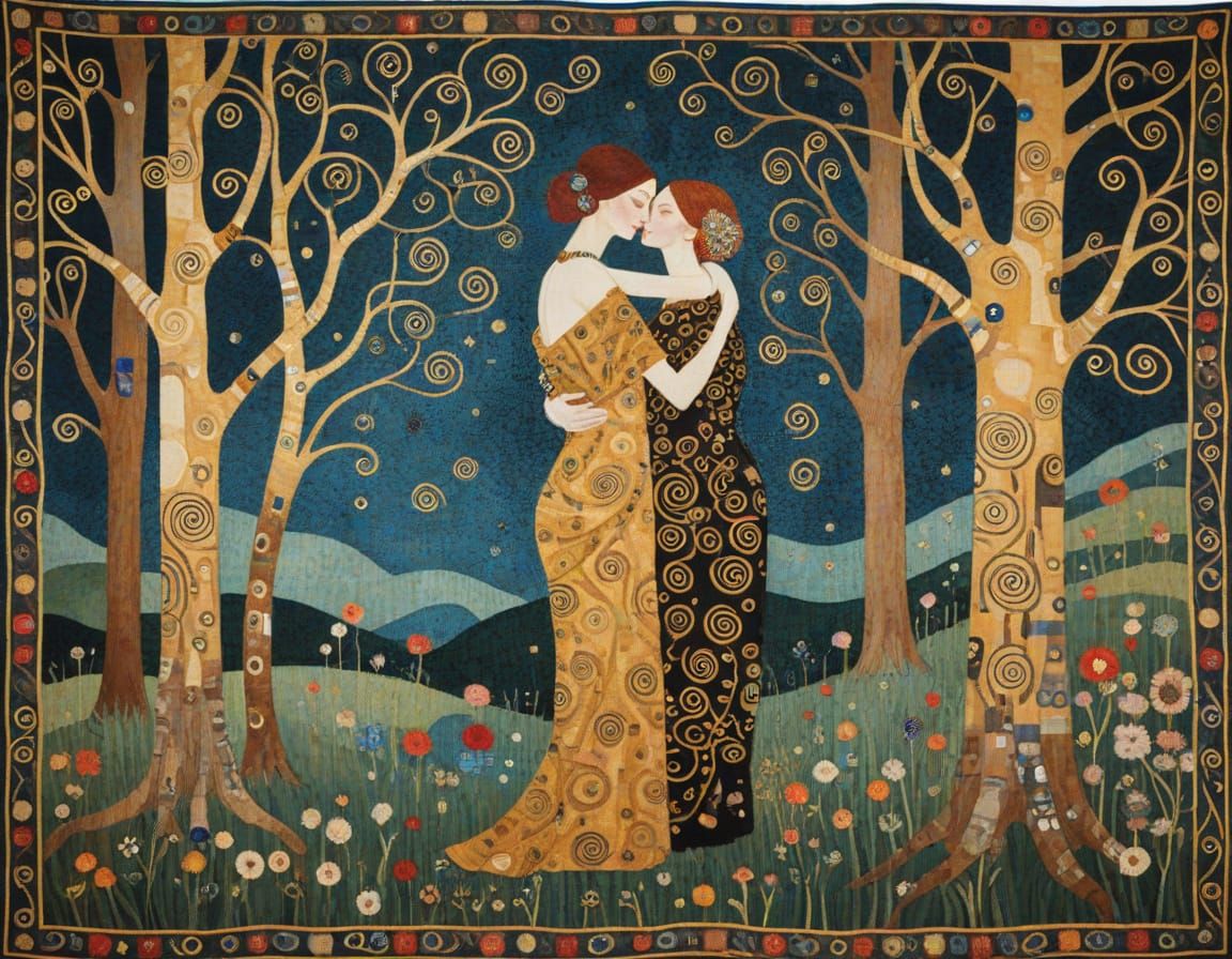 Gilded Lovers in Ornate Tapestry