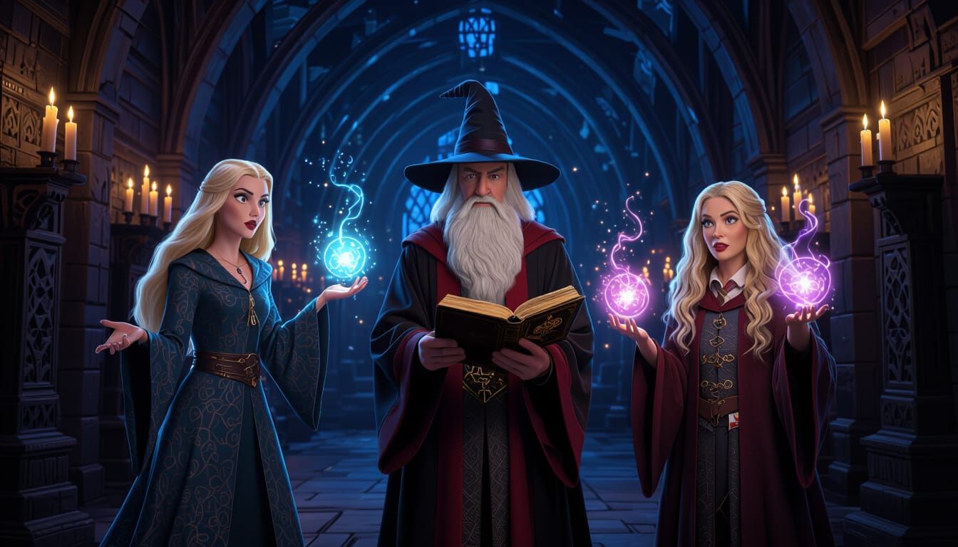 Wizards Casting Spells in Enchanted Castle Corridor