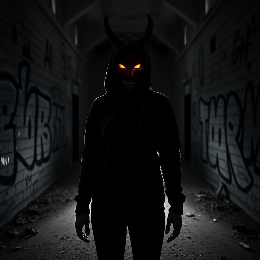 Woman in Defiant Posture Amidst Abandoned Prison Graffiti