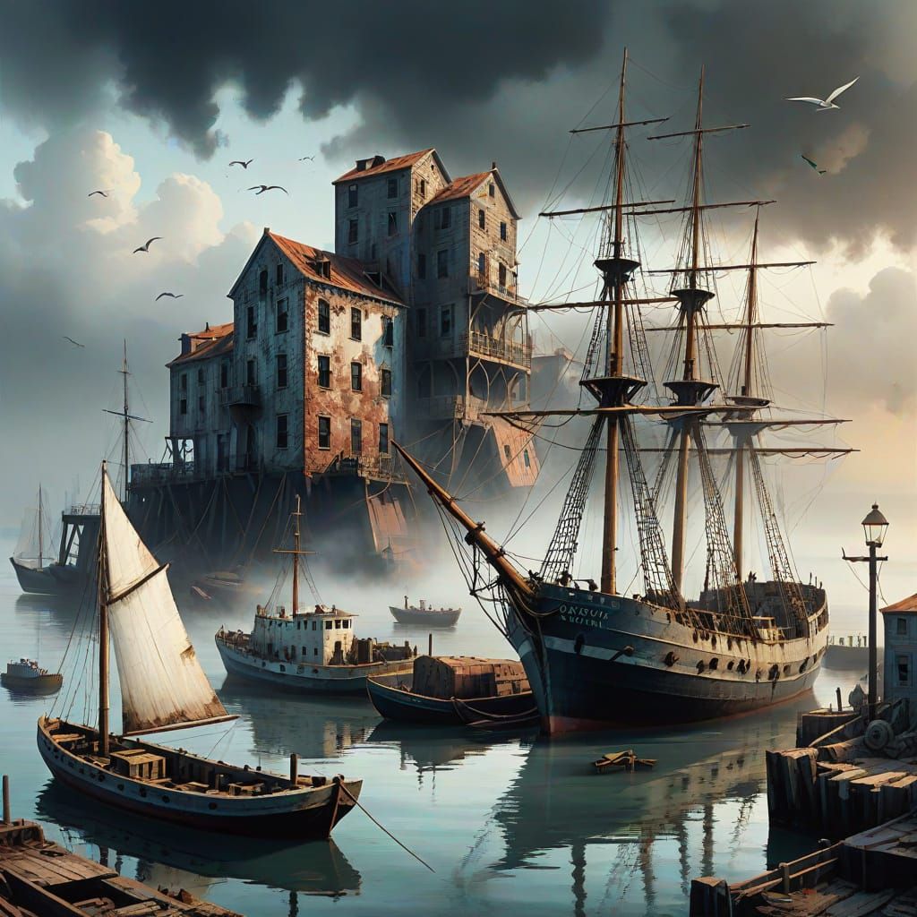 Abandoned Port Scene with Ships in Matte Painting Style