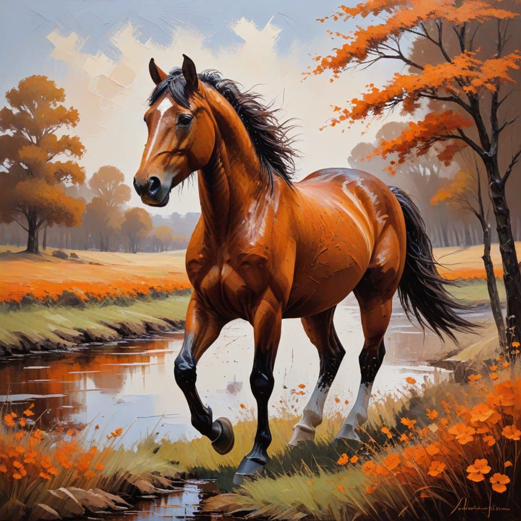 Vibrant Horse in Autumn Landscape, Impasto Painting