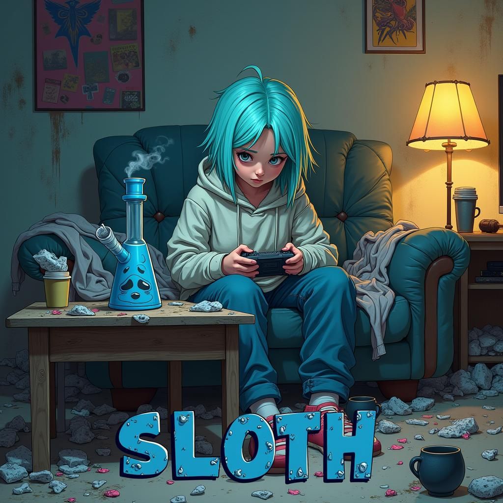 Teen Gamer in Grungy Room, Digital Art Style