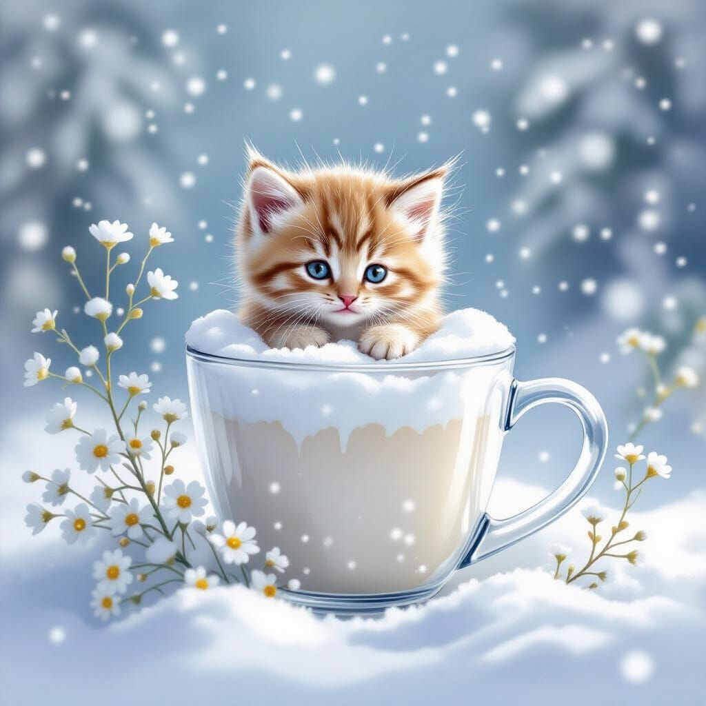 Kitten in Snow-Filled Cup with Wildflowers - Watercolor Illu...
