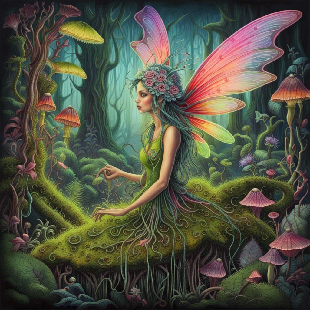Neon-Winged Fairy in Carnivorous Plant Forest