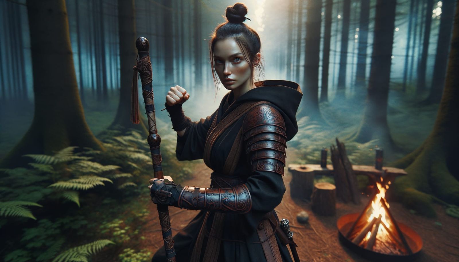 Woman Monk with Quarterstaff by Campfire