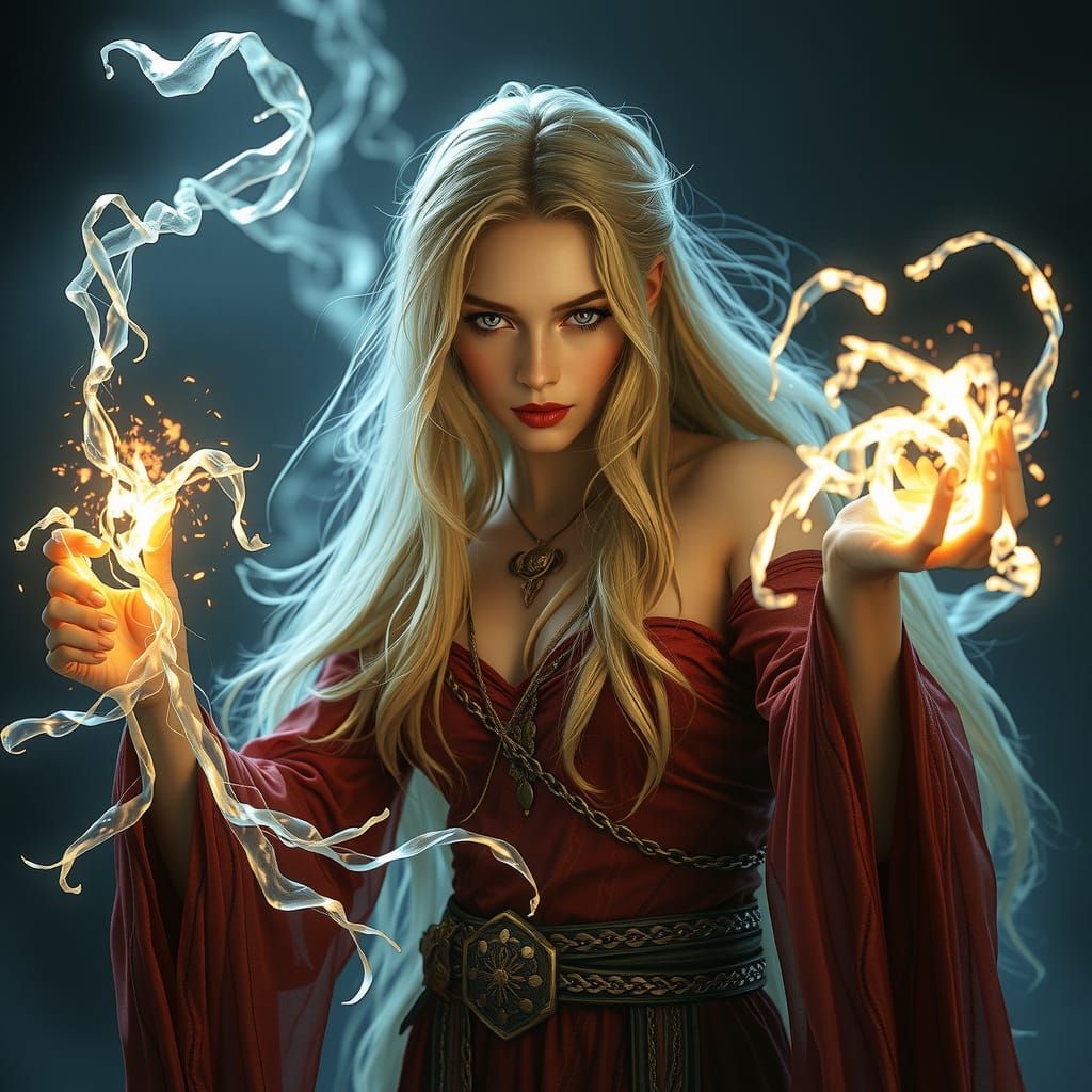 Photorealistic Eldritch sorceress Light tendrils