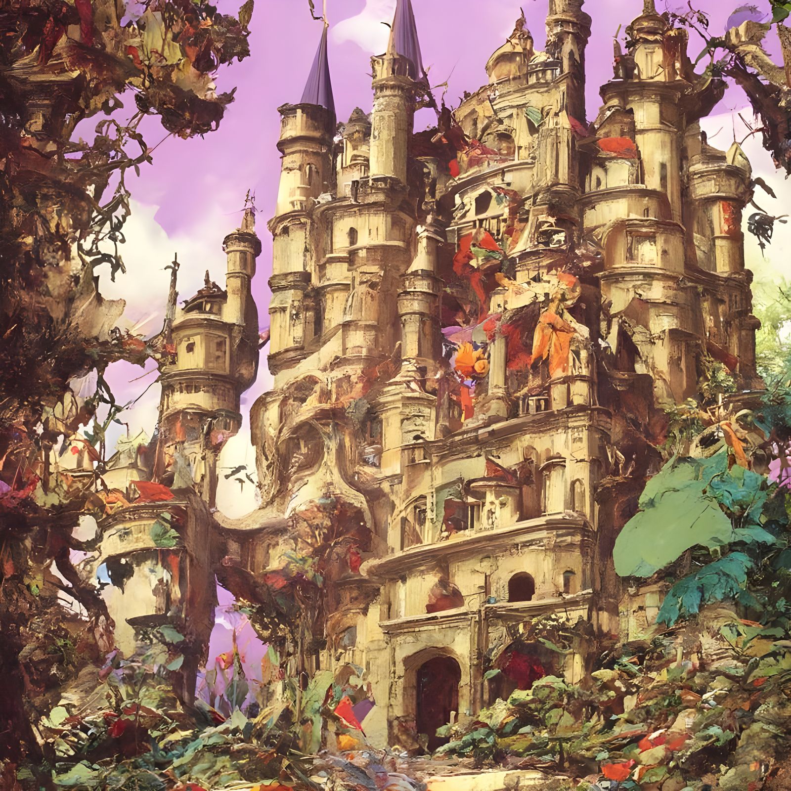 Psychedelic Castle in Vivid Oil Painting Style