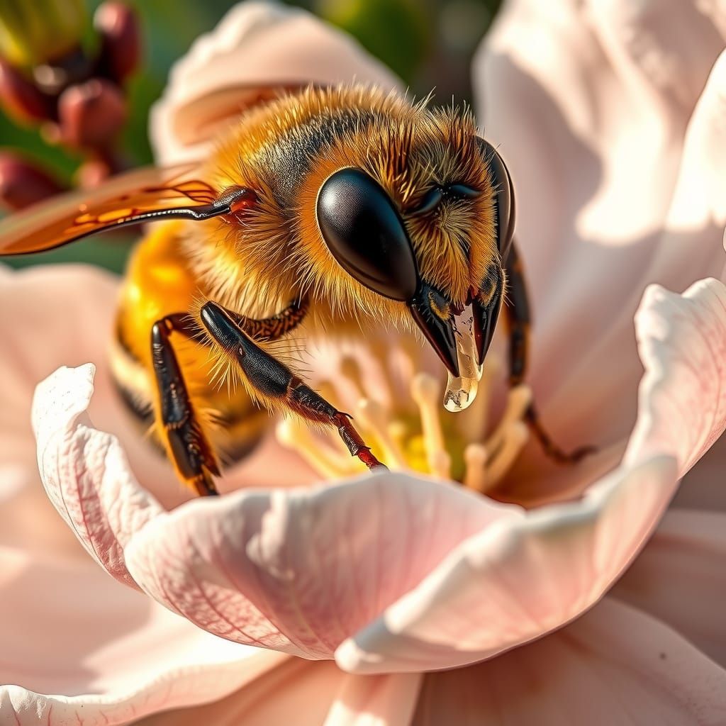An astonishingly ultra-realistic close-up of a busy honeybee...