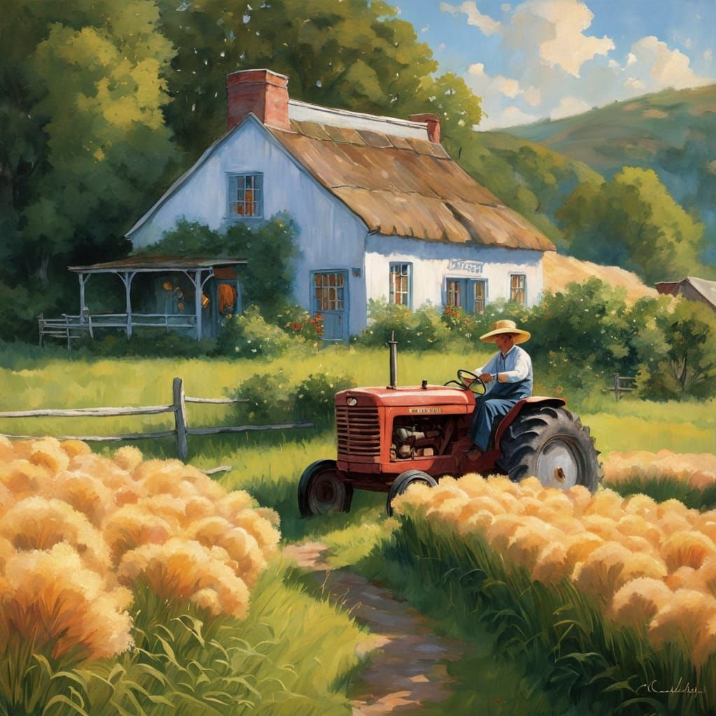 Whimsical Rural Cottage Scene in Watercolor Style