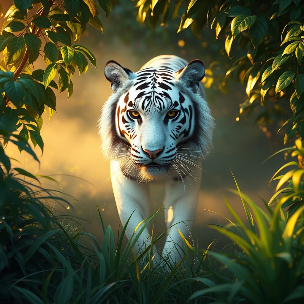 Majestic White Tiger Emerges from Jungle Mist in Golden Hour