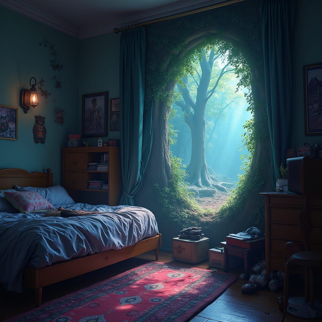 Mythical Forest Portal in a Messy Bedroom