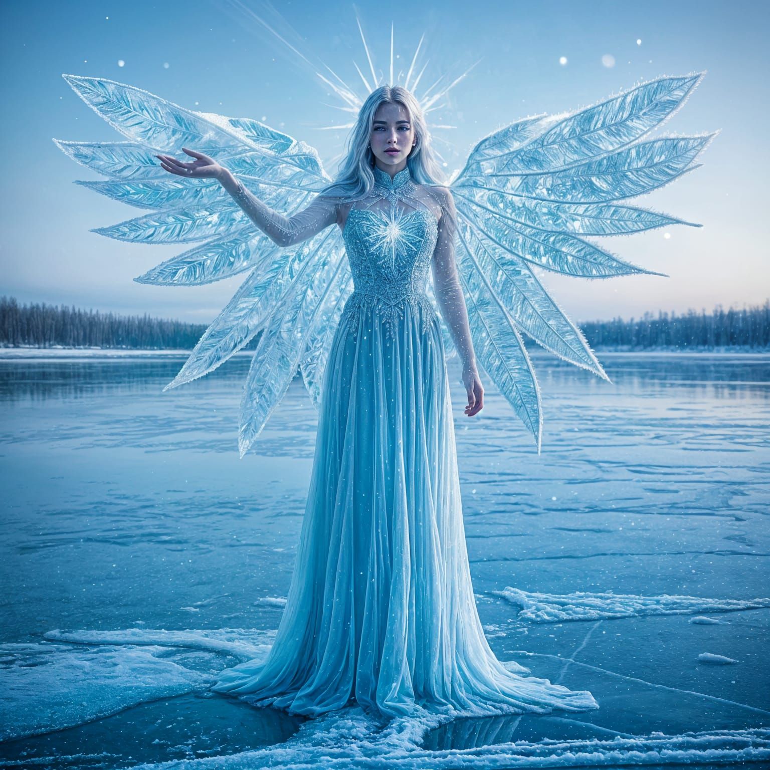Hyperrealistic Ice Queen Snow Angel on Frozen Lake