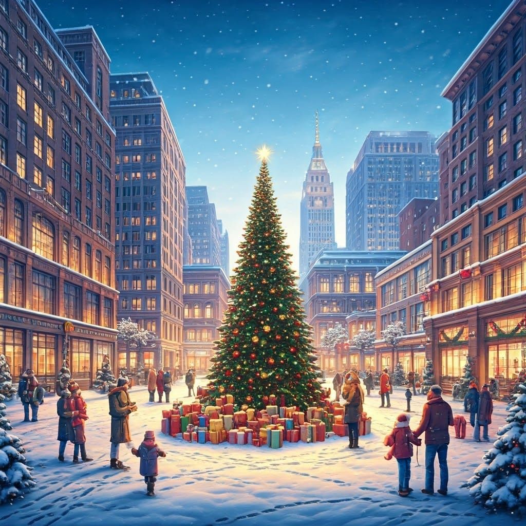 Festive Christmas Morning in a Snow-Dusted City