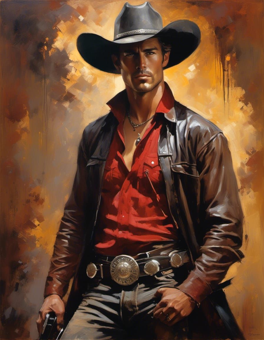 Romantic Cowboy's Golden Embrace: An Oil Painting