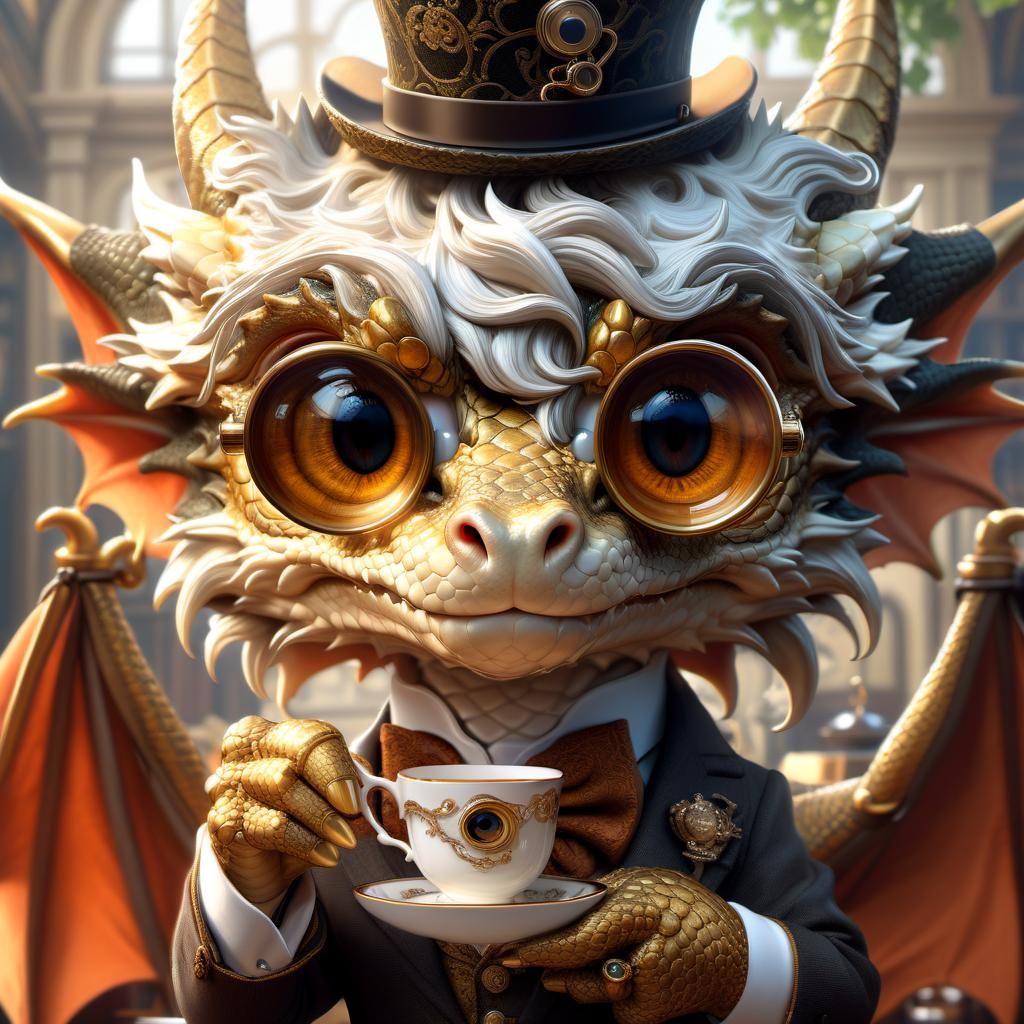 Anime Dragon Portrait with Tea and Monocle