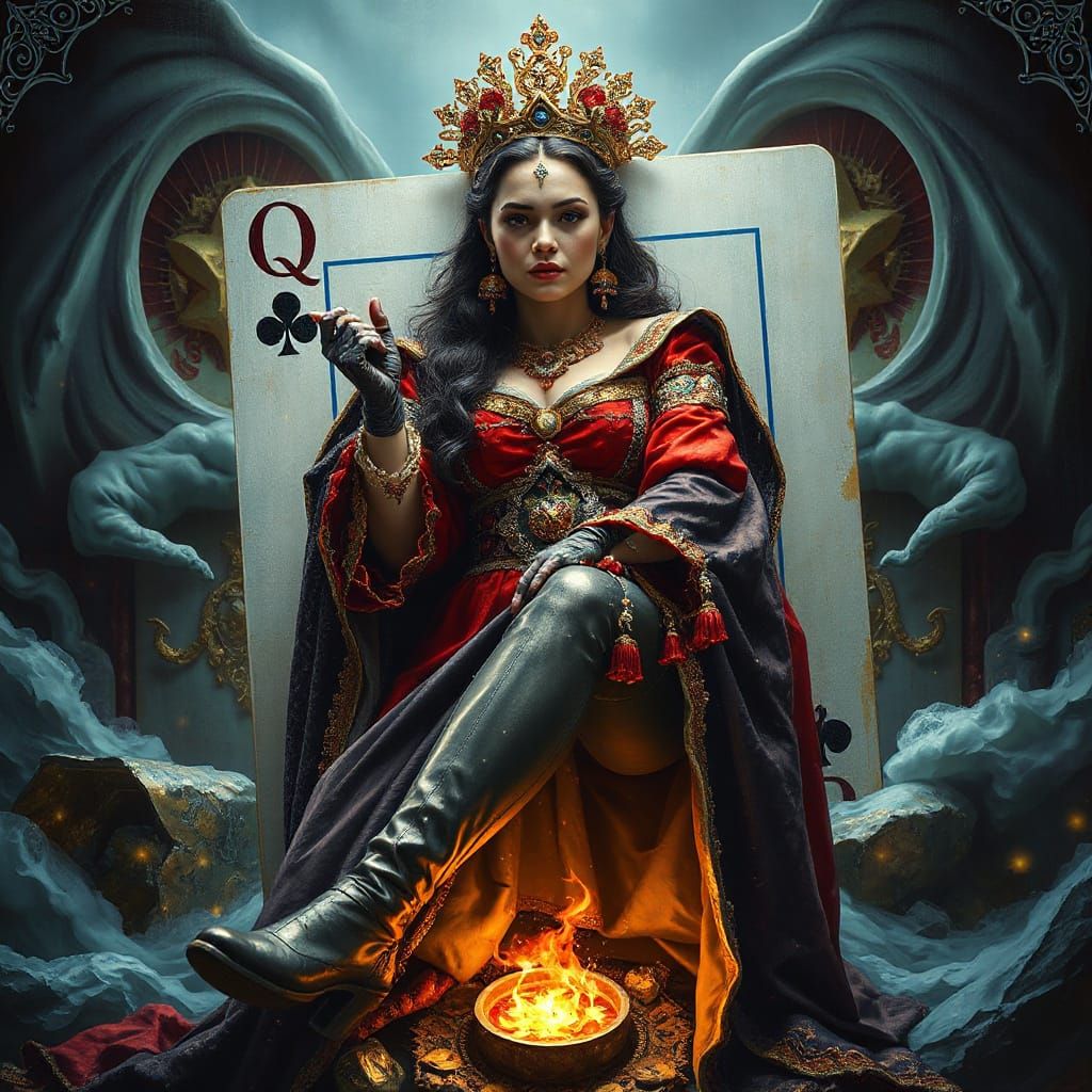 Queen of Clubs Emerges from Giant Card in Epic Fantasy Oil P...
