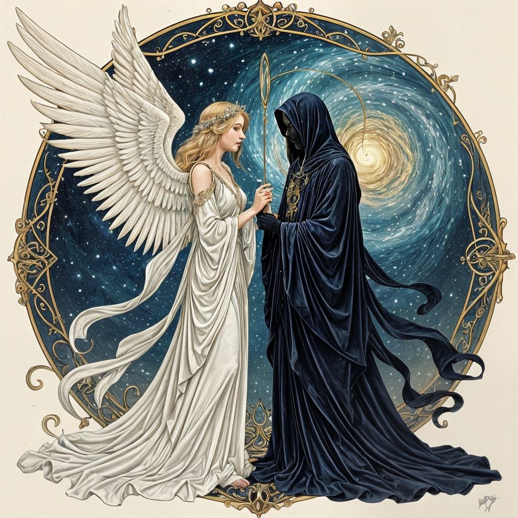Celestial Angel and Grim Reaper in Art Nouveau Style