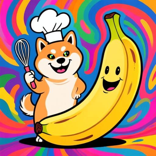 Shiba Inu Chef with Banana in Playful Graphic Style