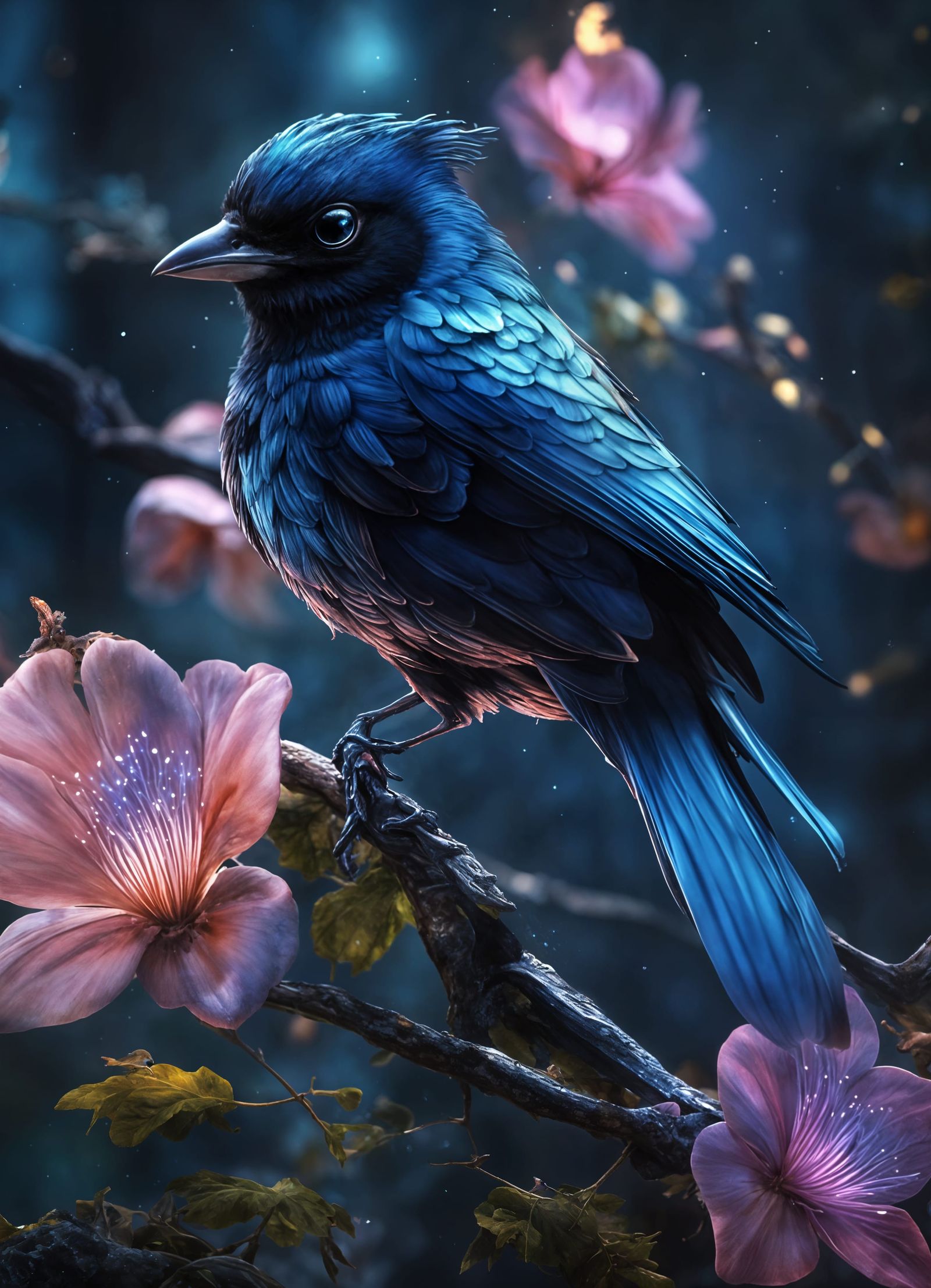 Bioluminescent Magpie in Elven Palace: 3D Render