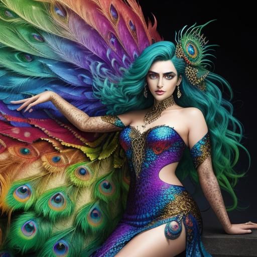 Woman with Rainbow Dragon Scales and Peacock Hair