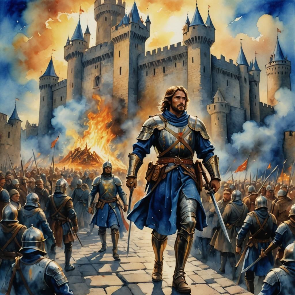 Prince Leads Army to Burning Castle: Watercolor