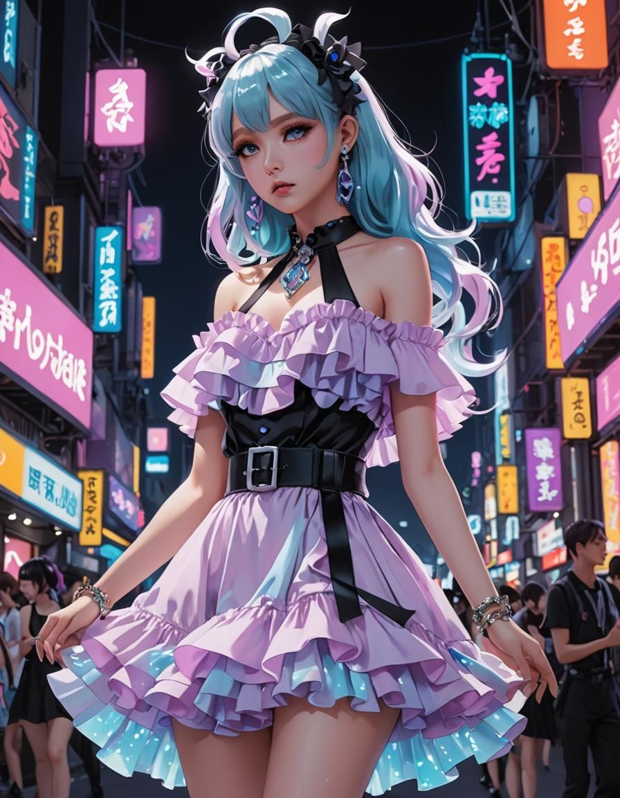 Pastel Goth Dress in Neon Anime Style