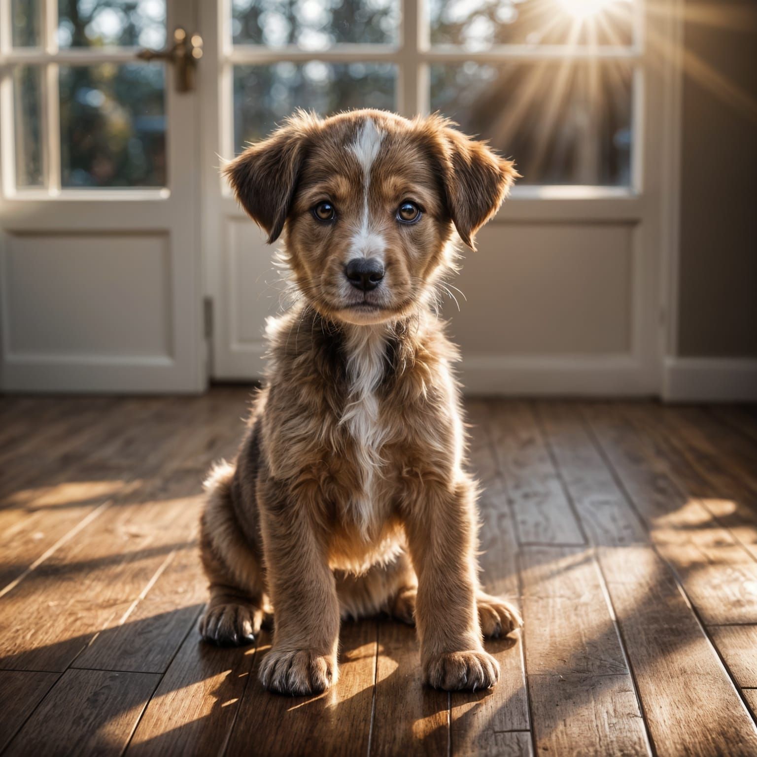Puppy Playing on Hardwood Floor in Backlight