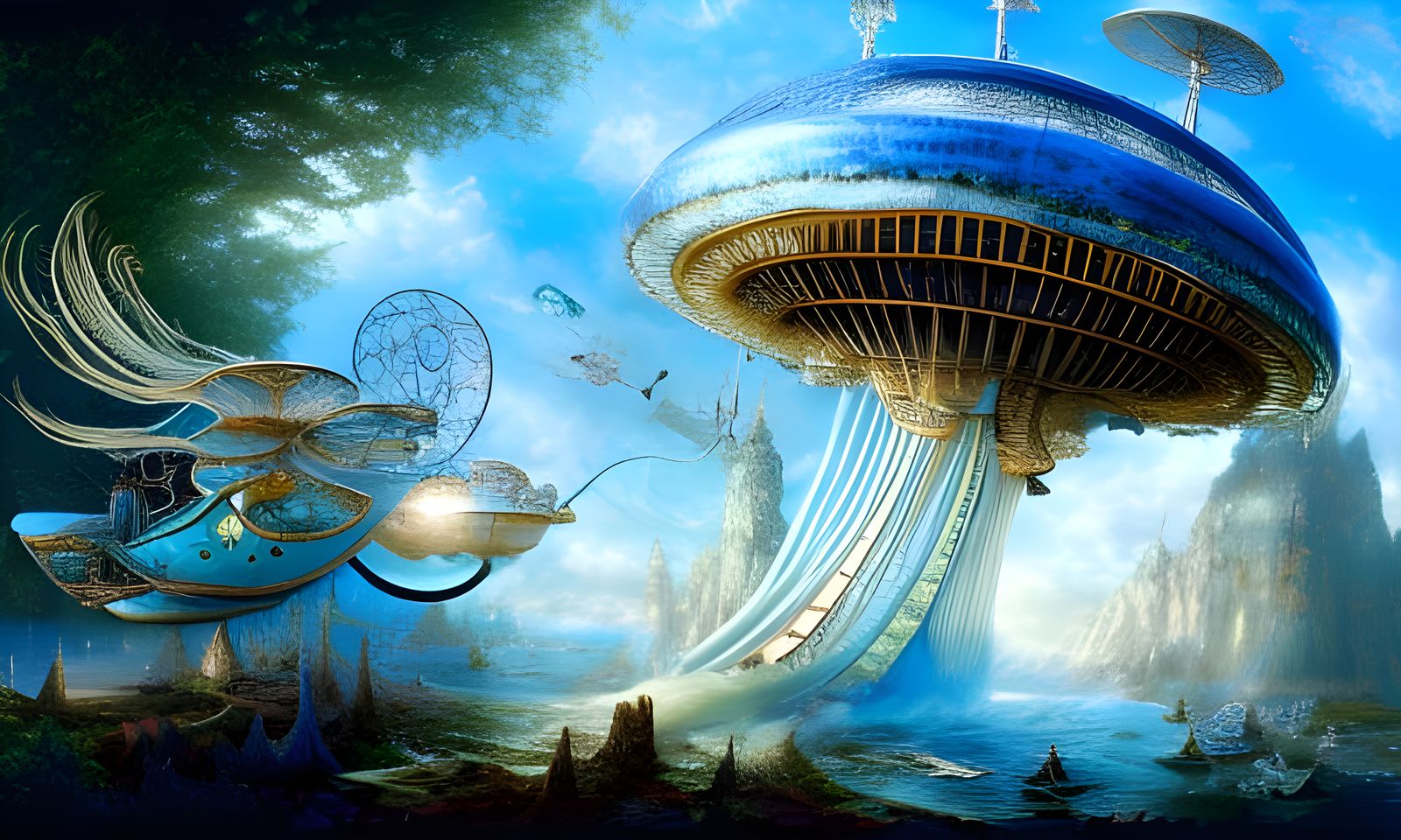 Magical Toadstool Airship in a Dark Fantasy Wonderland