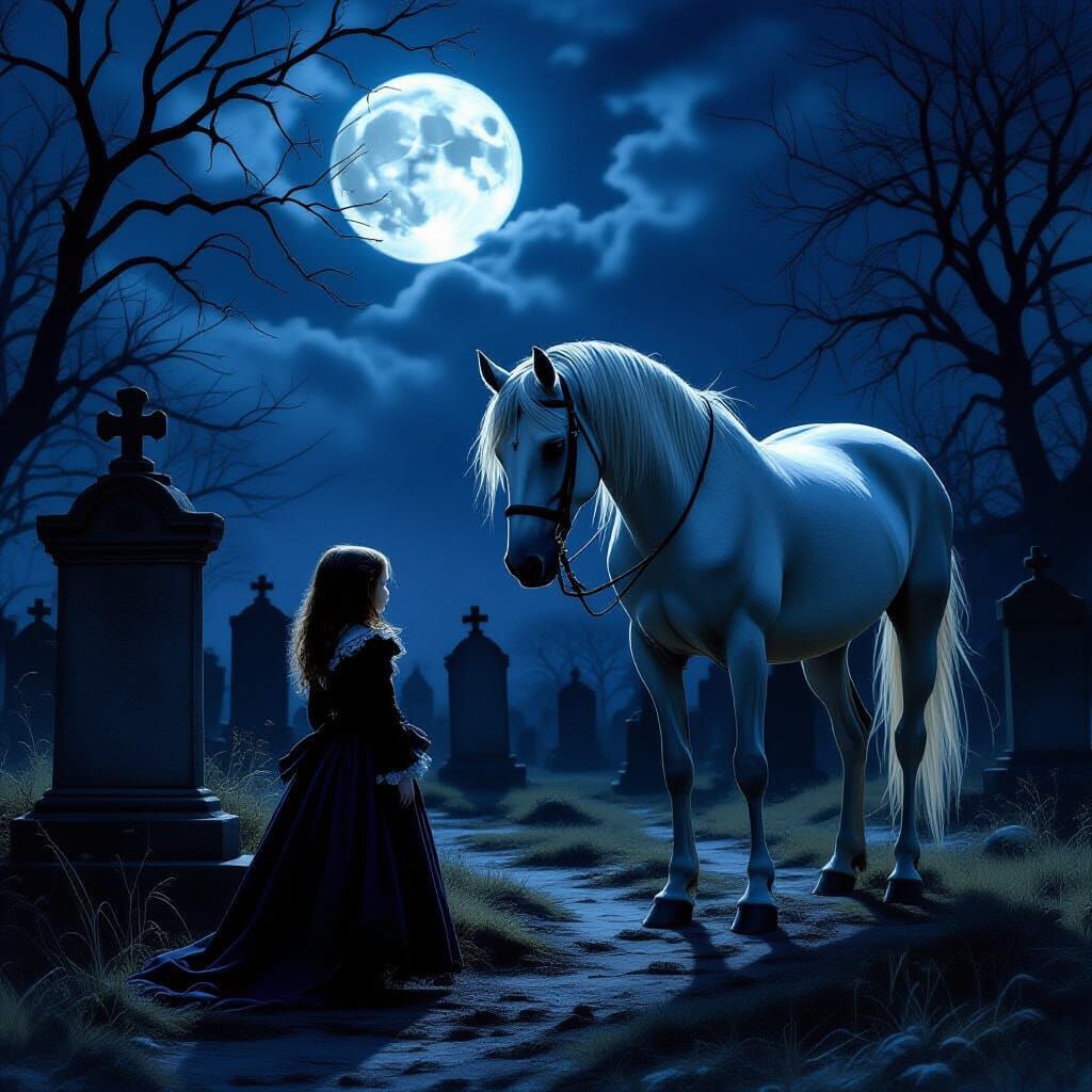 Vampire Child with Pale Horse in Victorian Cemetery