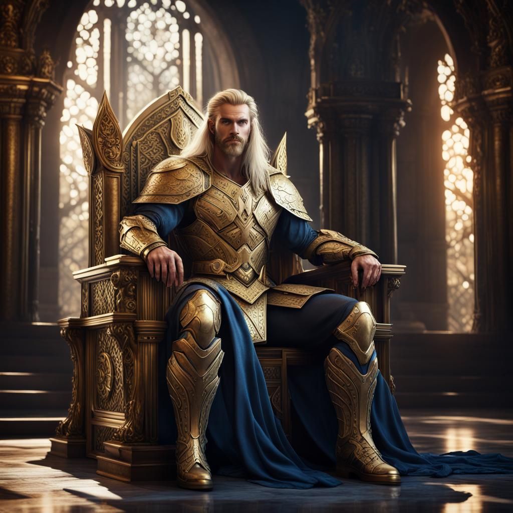 Warrior King in Golden Armor on Throne