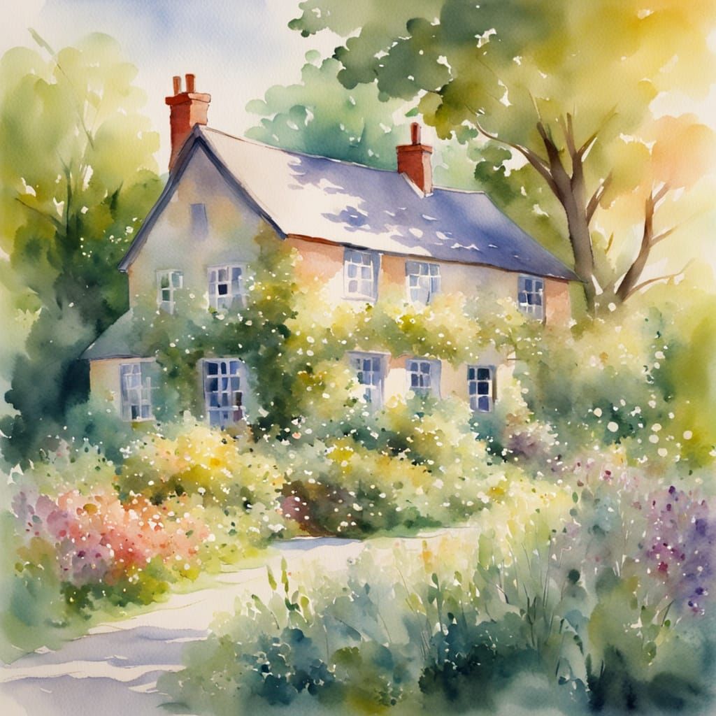 Watercolor Cottage with Lush Garden in Impressionist Style