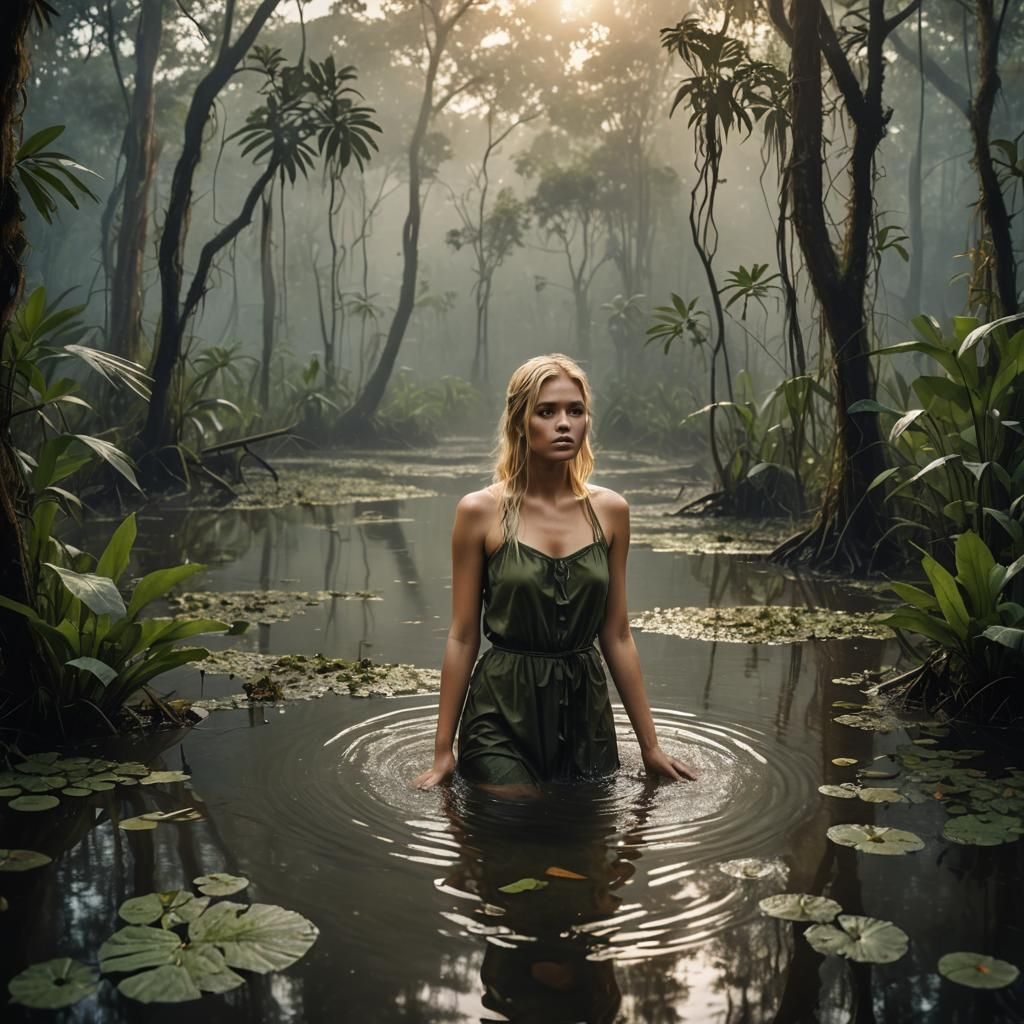Blonde Girl in Jungle Swamp at Twilight