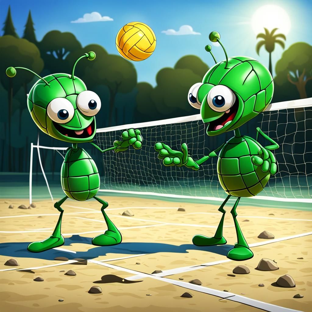 Cartoon Boll Weevils Playing Volleyball