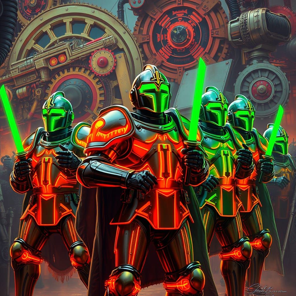 Neon Armored Knights Cry Out in Steampunk City