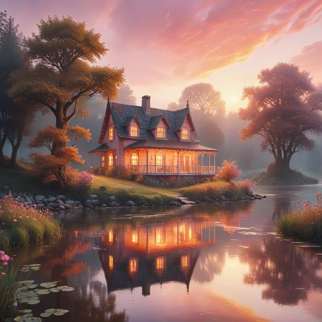 Fairytale House by Misty River: Watercolor Painting
