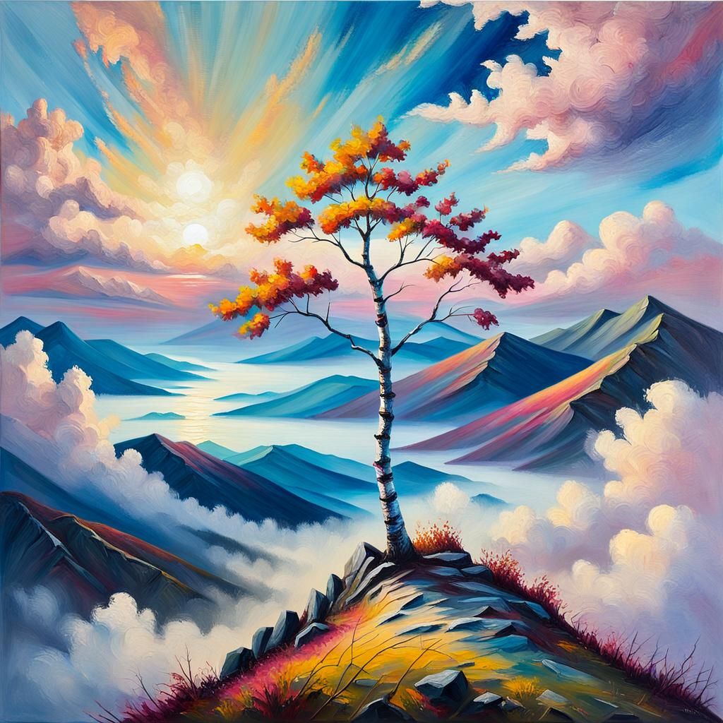 Birch Tree Mountain: Impasto Oil Painting at Sunset