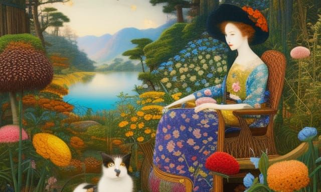 Woman in Floral Chair: Warped Perspective, Rich Colors