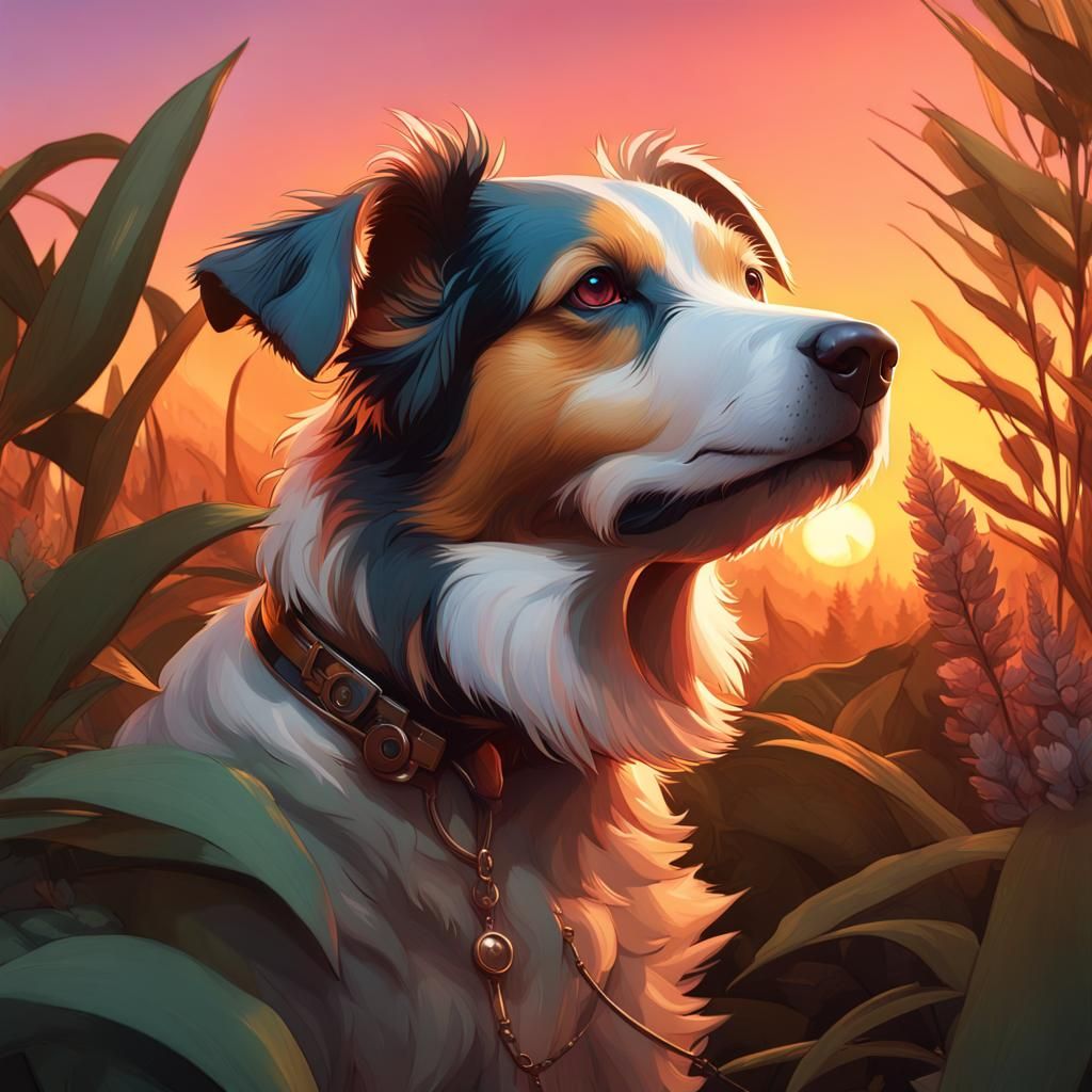Dog Portrait at Sunset in Hyperdetailed Style