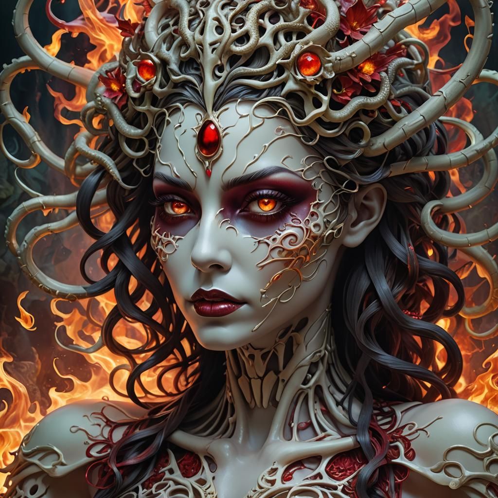 Hyperrealistic Medusa with Flaming Eyes and Skeleton