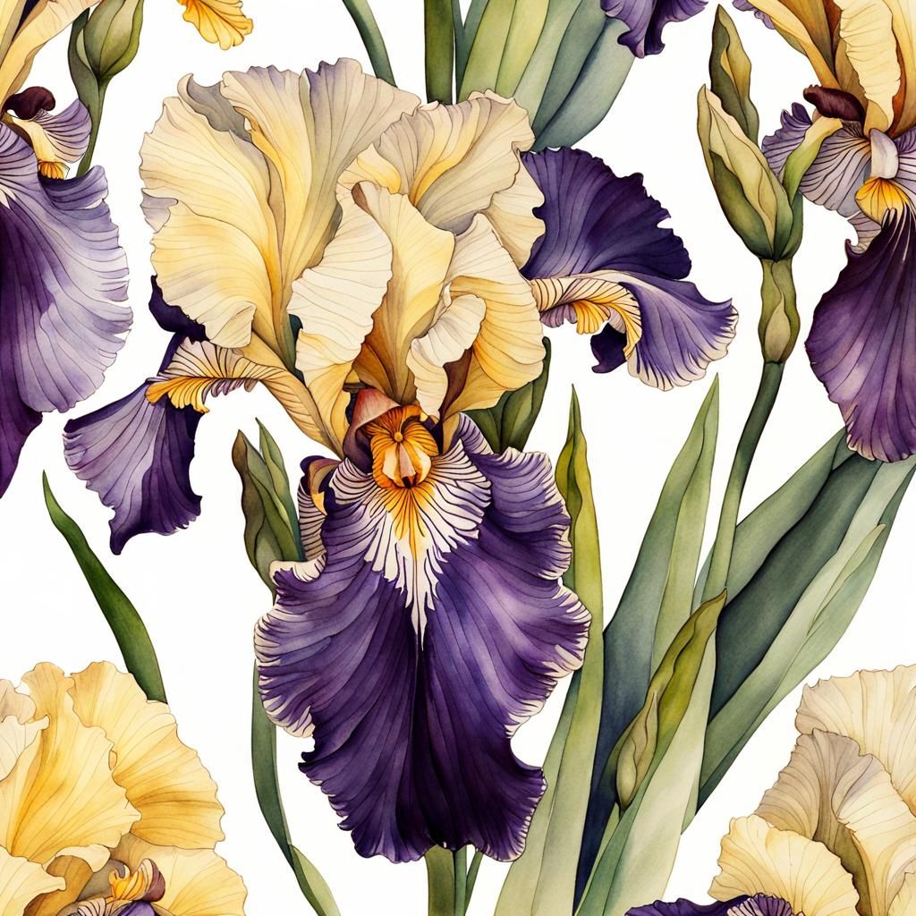 Bearded Iris Watercolor Painting Close-Up
